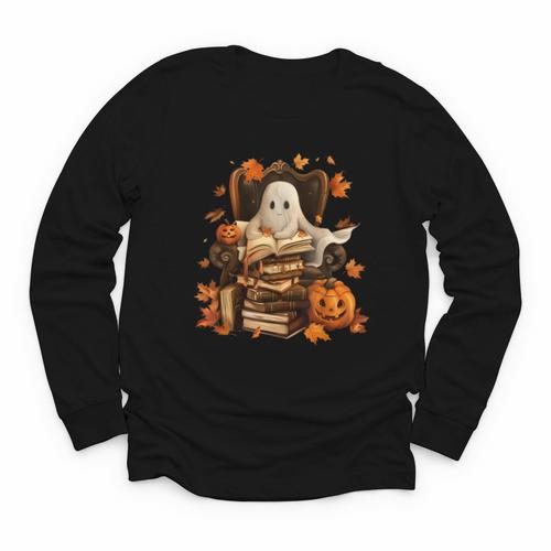 Vintage Ghost Book Reading Pumpkin Gothic Halloween Teachers Youth Long Sleeve Tee - Bookorys DE
