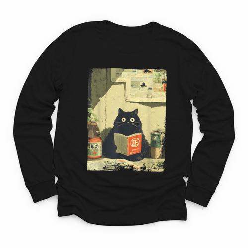 Vintage Japanese Cat Book Lovers Librarian Cat Dad Teacher Youth Long Sleeve Tee - Bookorys