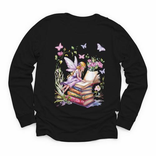 Watercolor Butterfly Fairy Read Book Library Fantasy Novel Youth Long Sleeve Tee - Bookorys