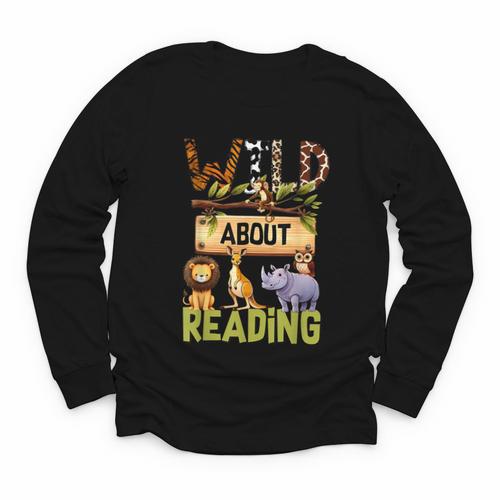 Wild About Reading Reading Books And Bookworm Library Day Youth Long Sleeve Tee - Bookorys