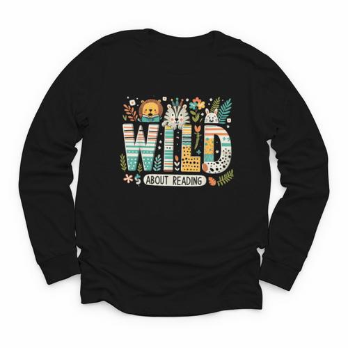 Wild About Reading Bookworm Book Reader Zoo Animals Youth Long Sleeve Tee - Bookorys