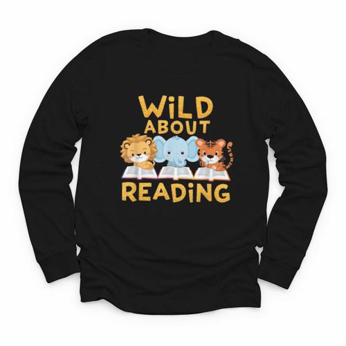 Wild About Reading Cute Animal Book Lover Kids Youth Long Sleeve Tee - Bookorys DE