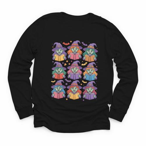 Witches Reading Books Halloween Cute Teens Kids Youth Long Sleeve Tee - Bookorys CA
