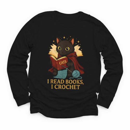Wizard Cat Reading a Book While Crocheting Youth Long Sleeve Tee - Bookorys