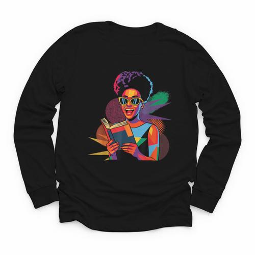 Woman Reading Book Lover Geometric Girl Afro History Youth Long Sleeve Tee - Bookorys CA