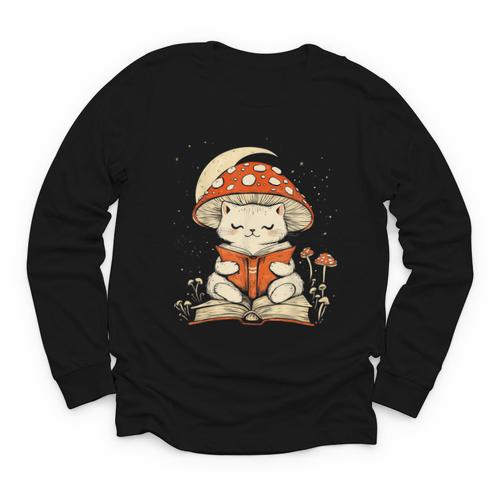 Women's Cottagecore Mushroom Cat Reading a Book Youth Long Sleeve Tee - Bookorys AU