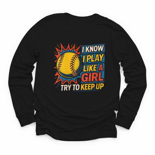 Women's Girls Softball Play Like A Girl Comic Book Pop Art Youth Long Sleeve Tee - Bookorys