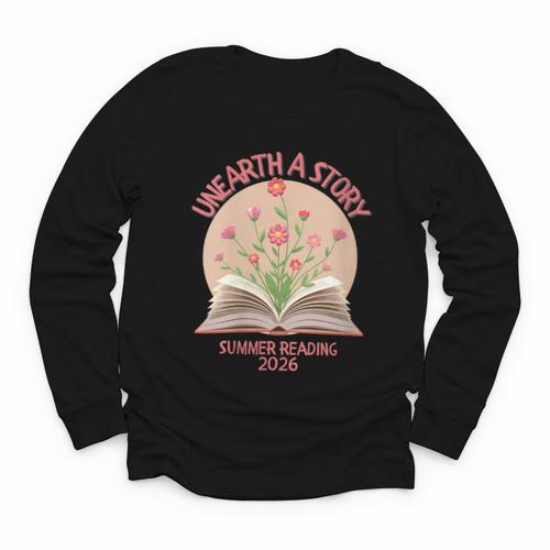 Women's Unearth a Story 2026 Summer Reading Program Flowers Book Youth Long Sleeve Tee - Bookorys