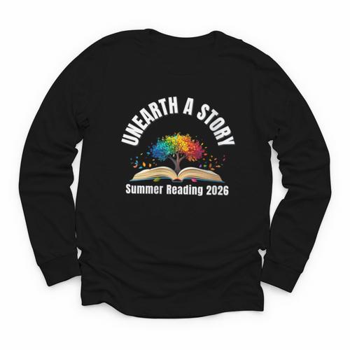 Women's Unearth a Story 2026 Summer Reading Program Tree Book Youth Long Sleeve Tee - Bookorys