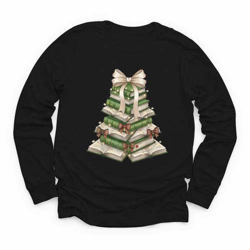 Xmas Tree Books Merry Christmas Coquette Bow Teacher Holiday Youth Long Sleeve Tee - Bookorys