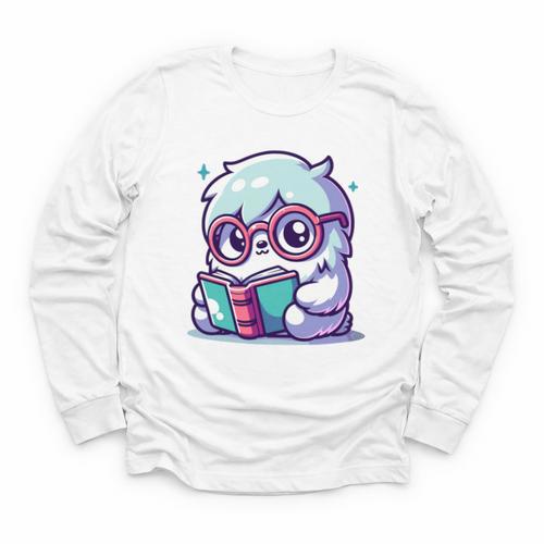 Adorable Book Lover Yeti With Reading Glasses Cute Youth Long Sleeve Tee - Bookorys UK