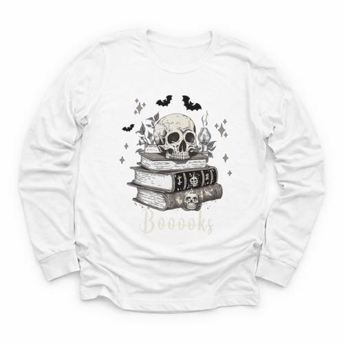 Boo Skeleton Skull Books Halloween Women School Teacher Kid Premium Youth Long Sleeve Tee - Bookorys