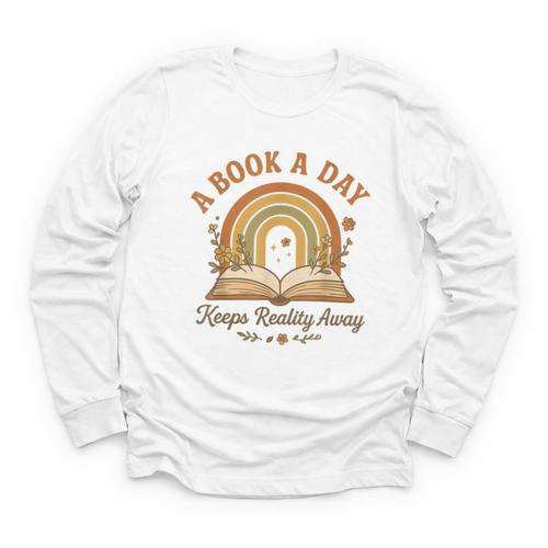 A Book A Day Keeps Reality Away Reading Youth Long Sleeve Tee - Bookorys