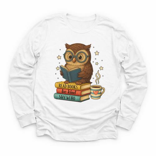 Book Lover Owl Reading Bookish Library Read Books Be Kind Youth Long Sleeve Tee - Bookorys