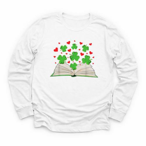 Book With Shamrocks Librarian Saint Patrick's Day Kids Youth Long Sleeve Tee - Bookorys DE