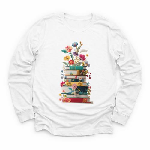 Book Stack With Flowers Reading Lover Bookish Youth Long Sleeve Tee - Bookorys DE