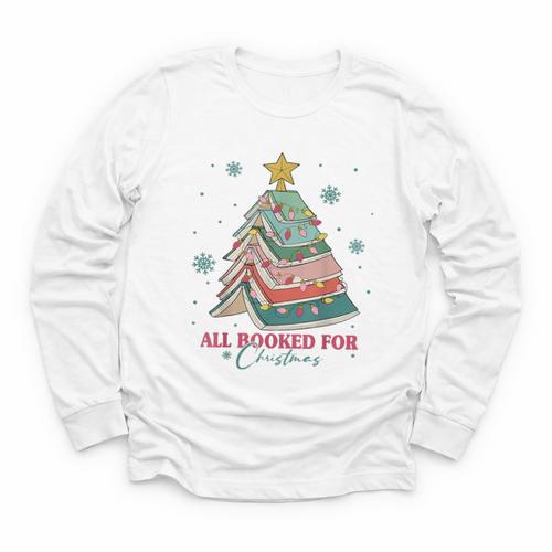 All Booked For Christmas Book Christmas Tree Lights Bookish Youth Long Sleeve Tee - Bookorys