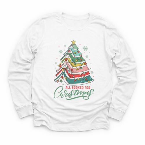 All Booked For Christmas Book Xmas Tree Lights Reading Girly Youth Long Sleeve Tee - Bookorys