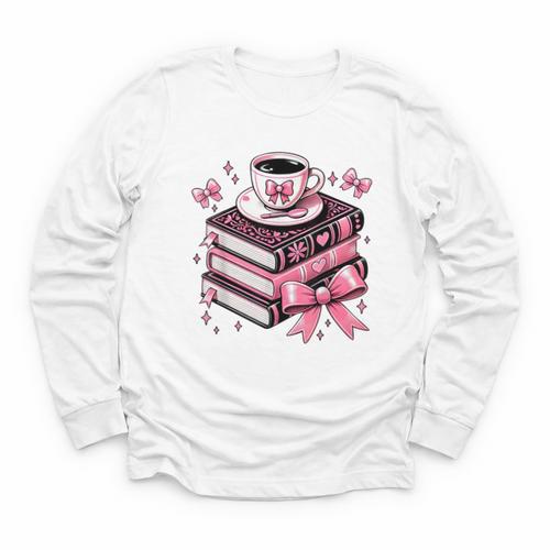 All Booked For Valentine's Teacher Coquette Bow Coffee Book Youth Long Sleeve Tee - Bookorys CA