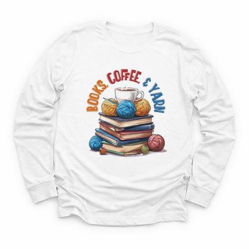 “Books Coffee & Yarn Enthusiast Cozy Reader Youth Long Sleeve Tee - Bookorys