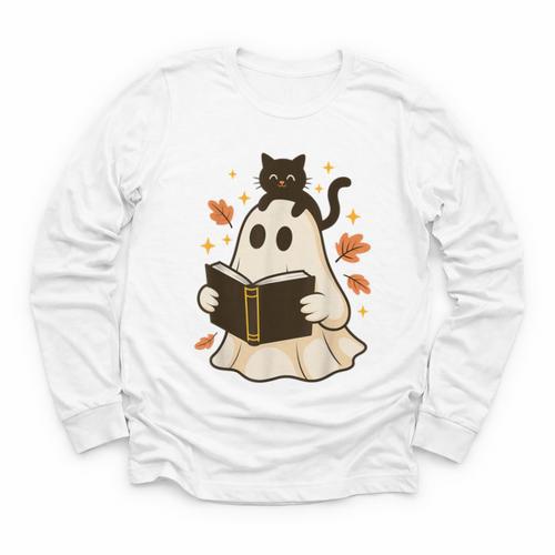 Books Ghost Reading Book Halloween Library Cat Fall Youth Long Sleeve Tee - Bookorys CA