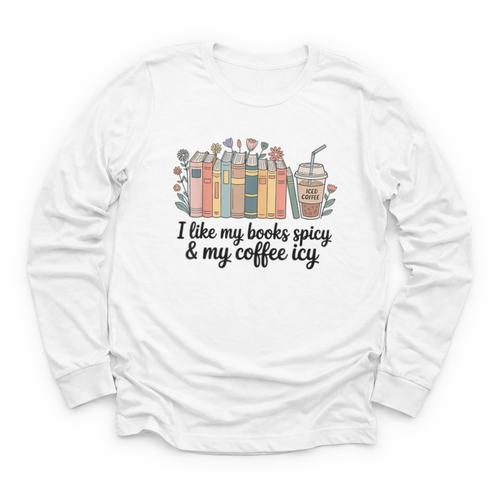 I Like My Books Spicy & My Coffee Icy Lover Bookworm Youth Long Sleeve Tee - Bookorys CA