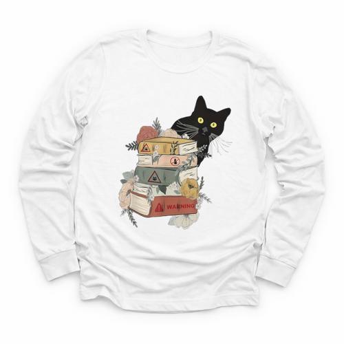 Cat And Books Flowers Reading Club Cat Lover Bookworm Youth Long Sleeve Tee - Bookorys AU