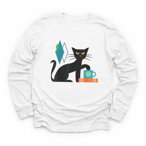 Cat Midcentury With Book And Coffee Atomic Age Mid Century Youth Long Sleeve Tee - Bookorys CA