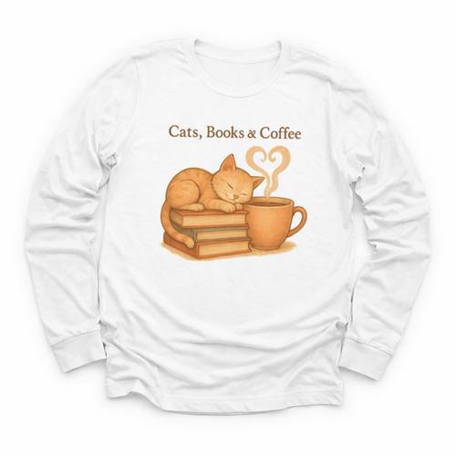 Cats Books And Coffee Heart Cozy Cat Lover Bookworm Readers Youth Long Sleeve Tee - Bookorys CA