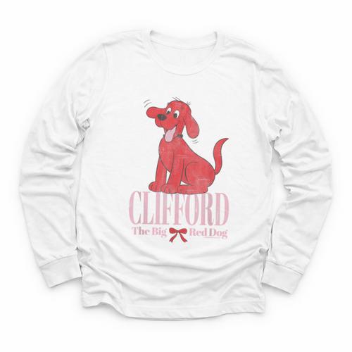 Clifford The Big Red Dog Pink Text With Bow Illustrated Book Youth Long Sleeve Tee - Bookorys