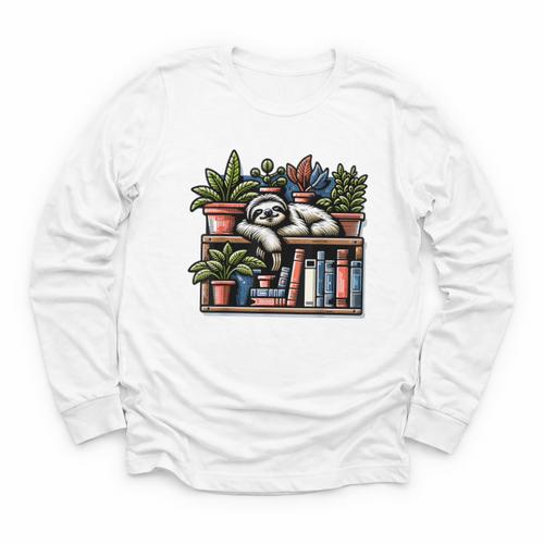 Cosy Sloth In Bookshelf With Plants Youth Long Sleeve Tee - Bookorys