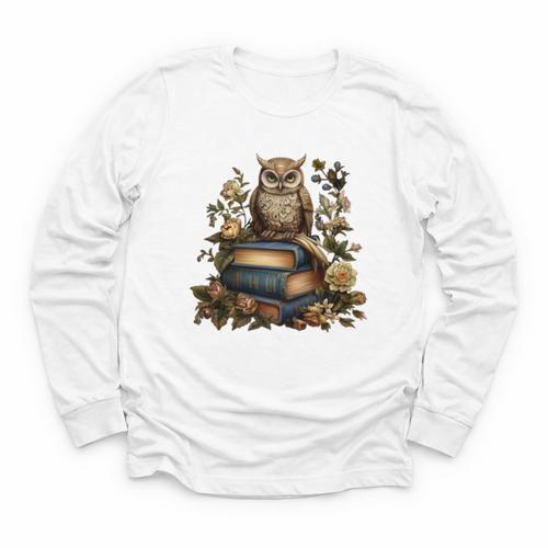 Cottagecore Aesthetic Floral Owl Books Youth Long Sleeve Tee - Bookorys