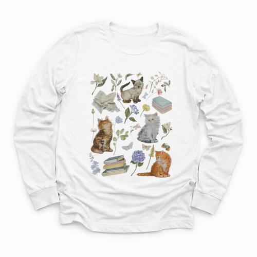Cottagecore Cats And Books Floral Vintage Aesthetic Bookish Youth Long Sleeve Tee - Bookorys AU