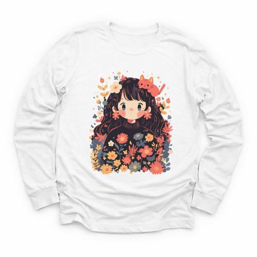 Cottagecore Wild Flowers Book Reader Cat Nature Soft Youth Long Sleeve Tee - Bookorys