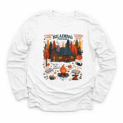Cozy Reading Cabin Retreat Fall Bookish Autumn Cozy Reader Youth Long Sleeve Tee - Bookorys