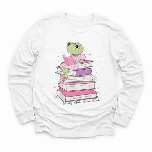 Cute Book Lover Frog Pretty Girls Read Books Kawaii Reading Youth Long Sleeve Tee - Bookorys