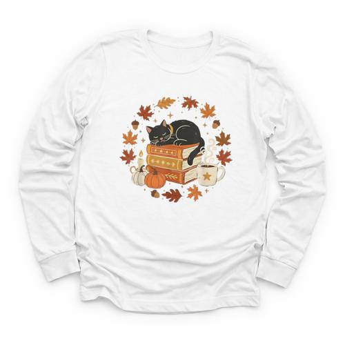 Cute Cat Fall In Love With Reading Book Cat Lover Librarian Youth Long Sleeve Tee - Bookorys