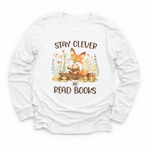 Cute Fox Stay Clever Read Books For Librarian Or Bookworm Youth Long Sleeve Tee - Bookorys CA