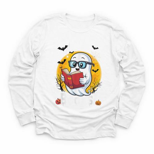 Cute Ghost Reading Book Retro Halloween Librarian Youth Long Sleeve Tee - Bookorys CA