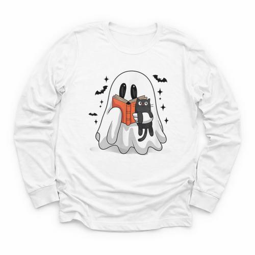 Cute Halloween Ghost Reading Book Youth Long Sleeve Tee - Bookorys