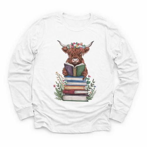 Cute Highland Cow With Book Floral Bookworm Librarian Book Youth Long Sleeve Tee - Bookorys