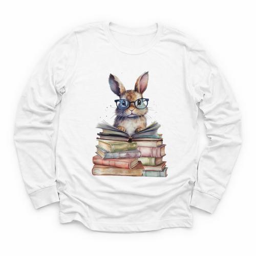 Cute Reading Bunny With Glasses Books Bookworm Reader Book Premium Tri-Blend Youth Long Sleeve Tee - Bookorys DE