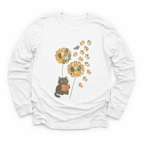 Cute Reading Cat With Kitten Dandelion Flowers Book Lover Youth Long Sleeve Tee - Bookorys UK