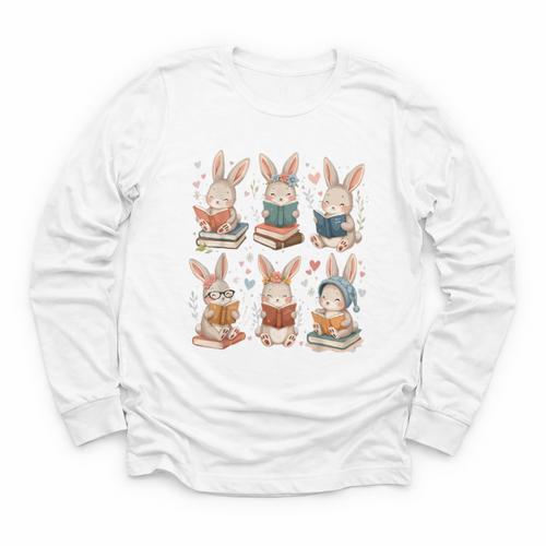 Cute Teacher Bunny Rabbit Reading Easter Bunnies Book Lovers Youth Long Sleeve Tee - Bookorys DE