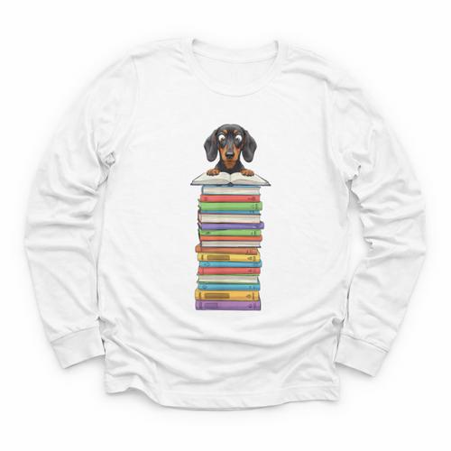 Cute Wiener Dog Dachshund Reading On Pile Of Books Youth Long Sleeve Tee - Bookorys AU