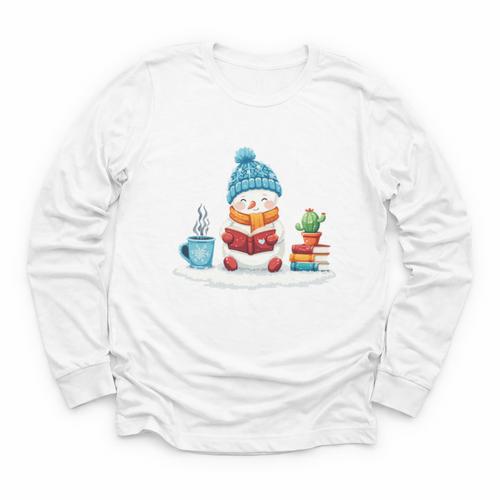 Cute Winter Cozy Snowman Reading Book Lovers Xmas Snowman Youth Long Sleeve Tee - Bookorys