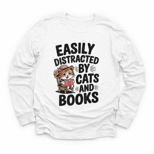 Easily Distracted By Cats And Books Lovers Reading Youth Long Sleeve Tee - Bookorys