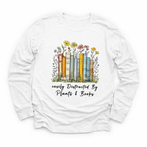 Easily Distracted By Plants And Books Bookworm Gardening Youth Long Sleeve Tee - Bookorys DE