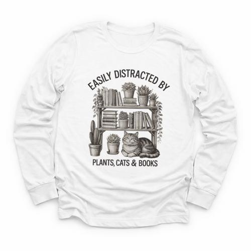 Easily Distracted By Plants Cats & Books Planting Gardening Youth Long Sleeve Tee - Bookorys CA