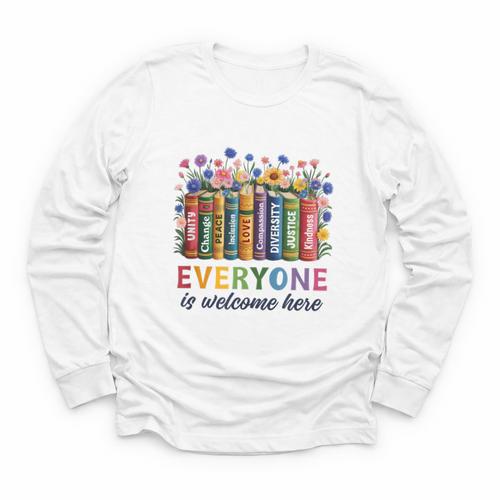 Everyone Is Welcome Here Floral Book LGBT Pride Equality Youth Long Sleeve Tee - Bookorys UK